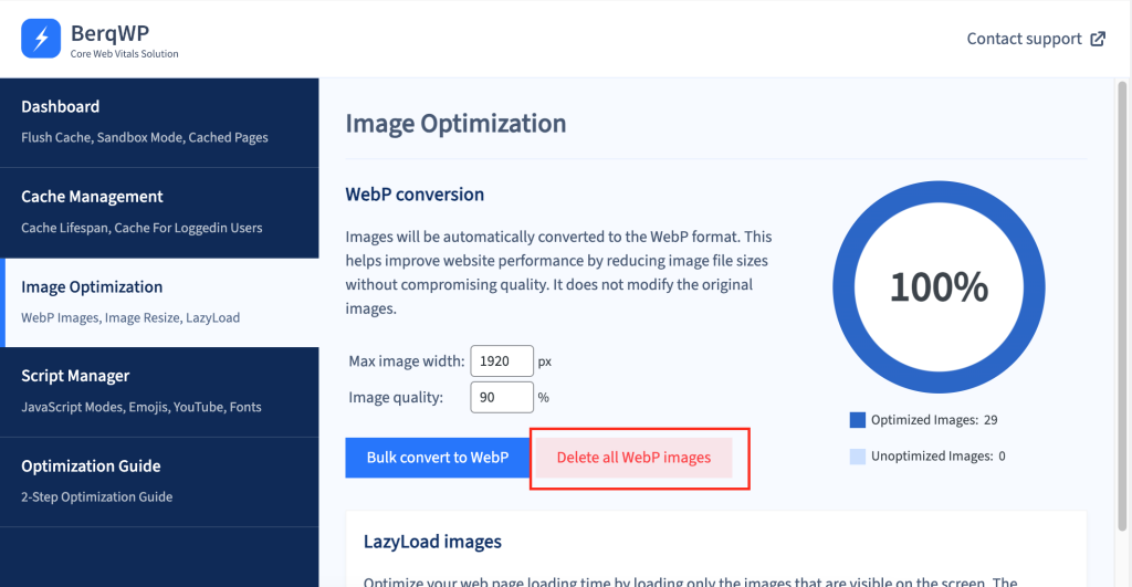 BerqWP plugin image optimization tab.