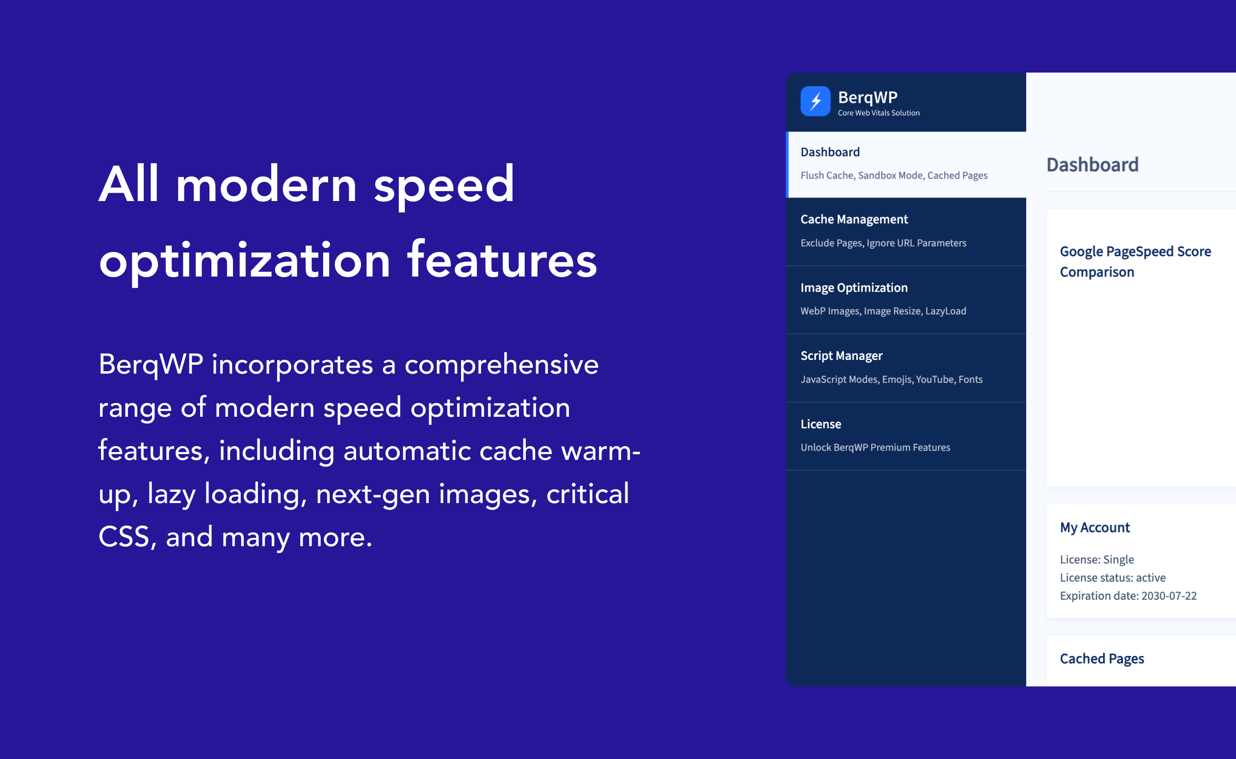 BerqWP modern core web vitals and speed optimization features with BerqWP plugin dashboard screenshot